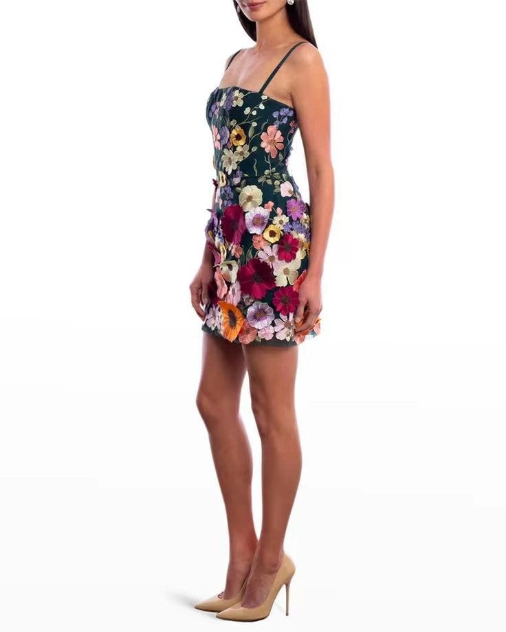 Spring Summer Gorgeous Three Dimensional Floral Embroidered Strap Short Dress Dinner Suit Black