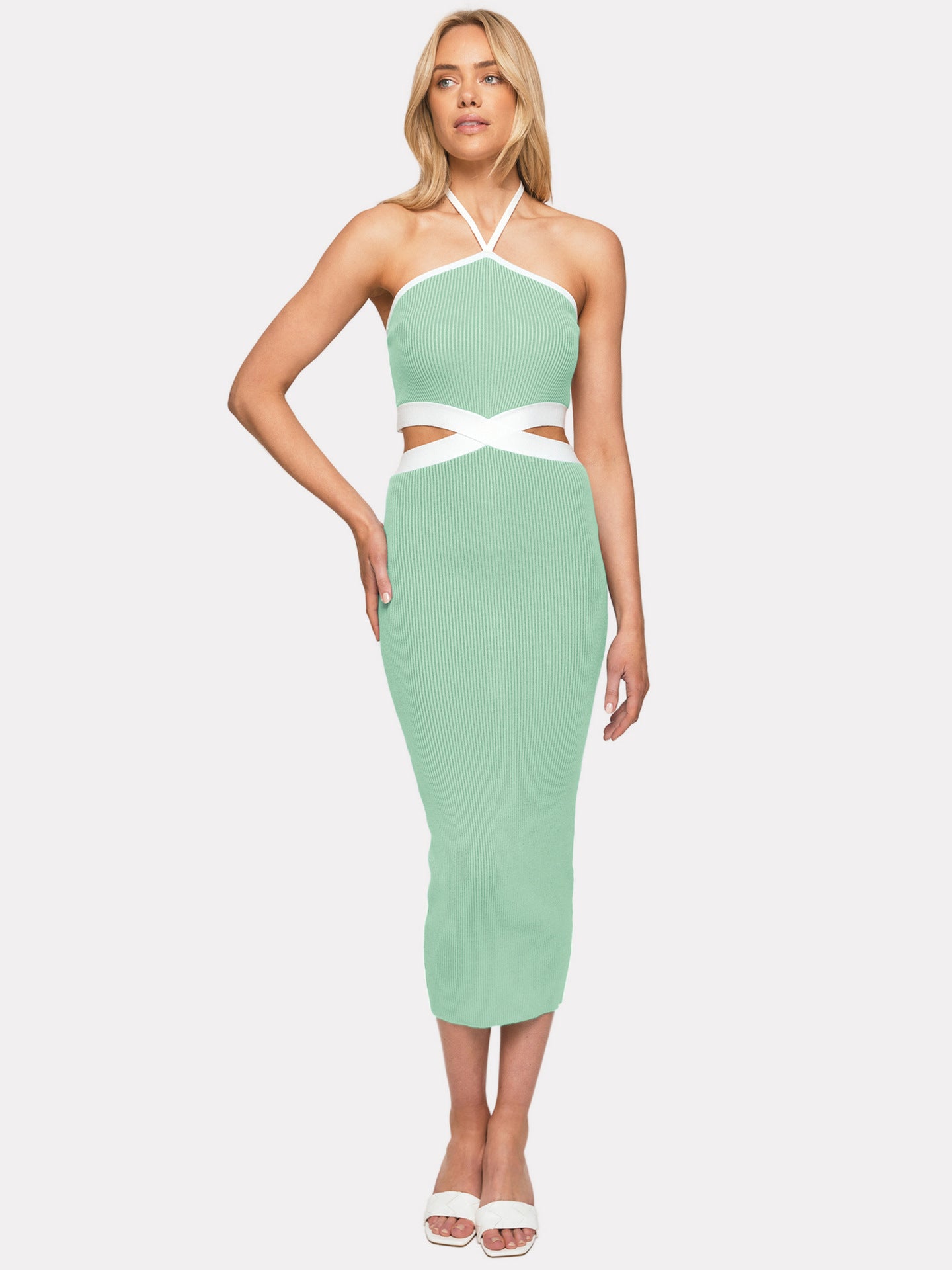 Rope Halter Backless Hollow Out Cutout Sexy Women Tight Rib Dress Light Green