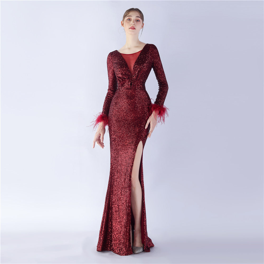 Craft Order Ostrich Feather High End Long Sleeve Sequin Evening Dress Burgundy