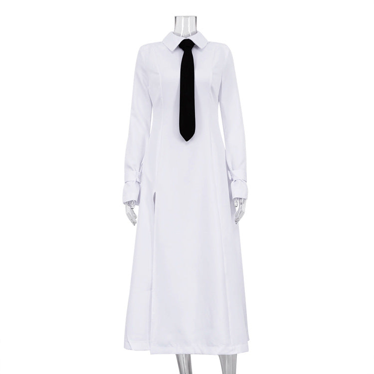 Women Clothing Early Spring Elegant College Collared Long Sleeve Split Dress Tie Dress White