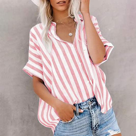 Spring Summer Top Casual Two Tone Striped Cardigan Short Sleeve Shirt Women Clothing