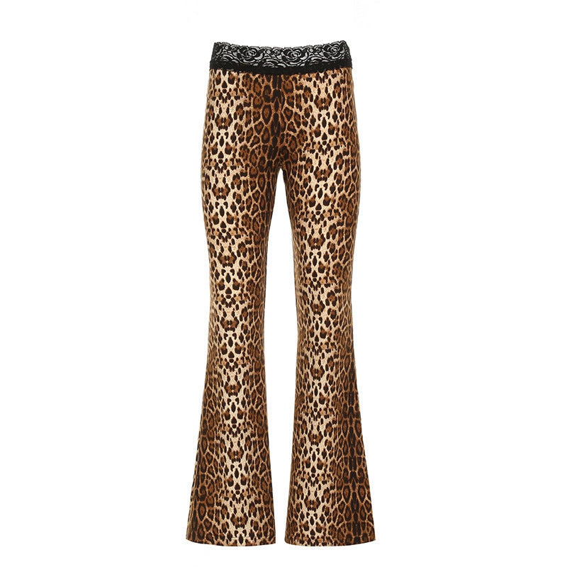 Sexy Leopard Print Basic Bell Bottom Pants Tight Casual Trousers Printed Lace Waist Pants Brown