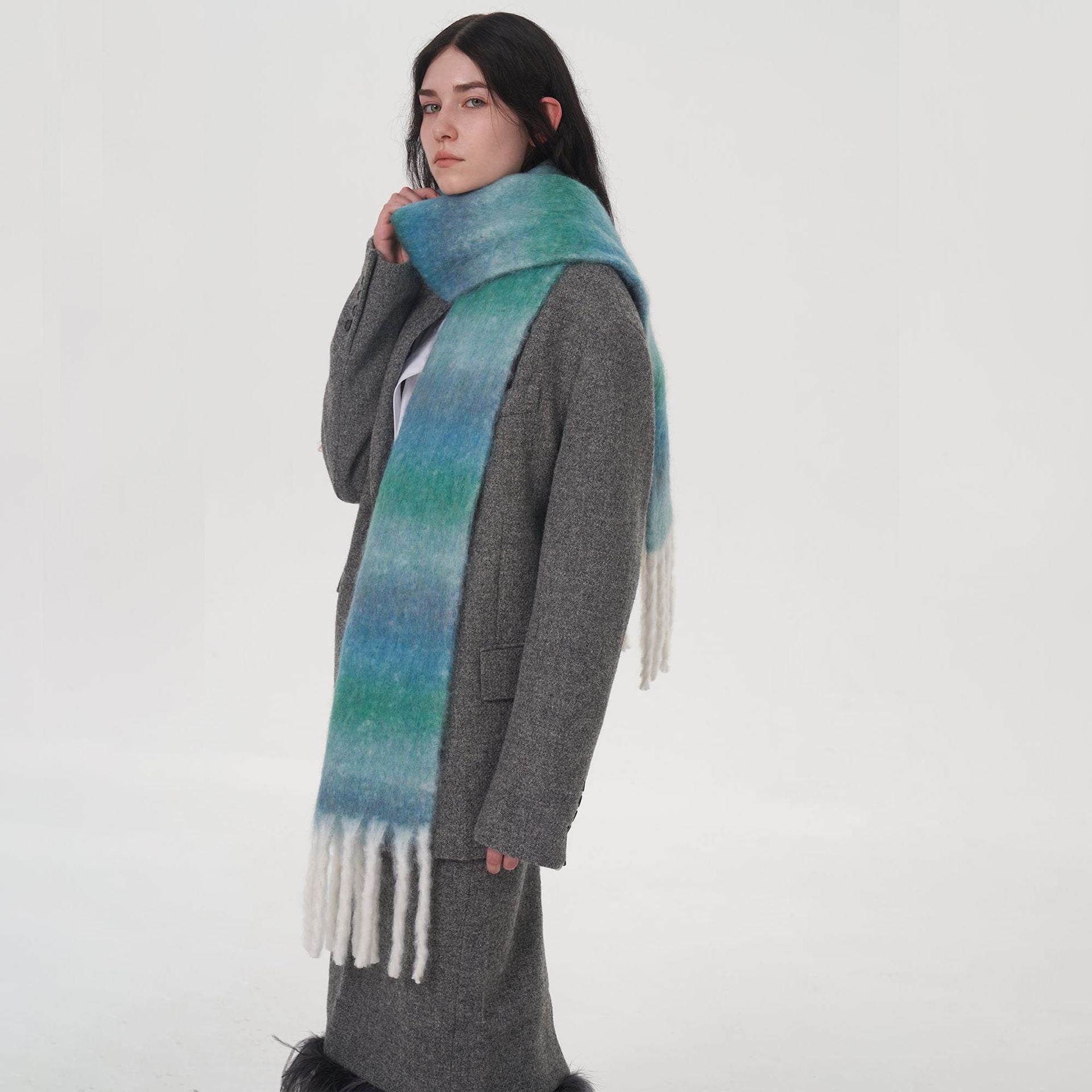 Autumn Winter Thick Warm Retro Gradient Wool Blended Textile Scarf Women