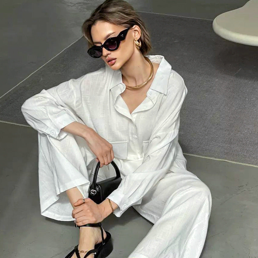 Pure Cotton Cardigan Loose Comfortable Homewear Autumn Long Sleeve Trousers Pajamas Women White