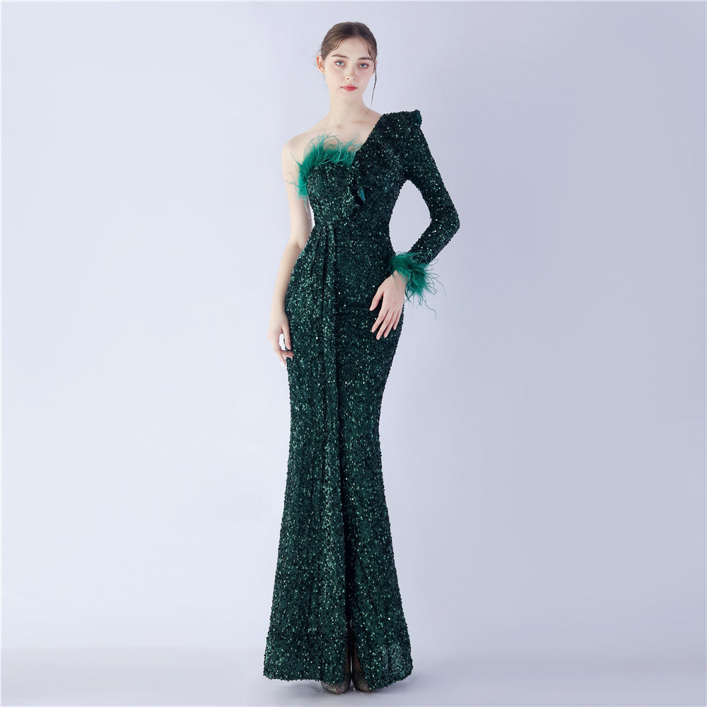 Craft Ostrich Feather Ruffled Side Slit High End Sequined Evening Dress Green