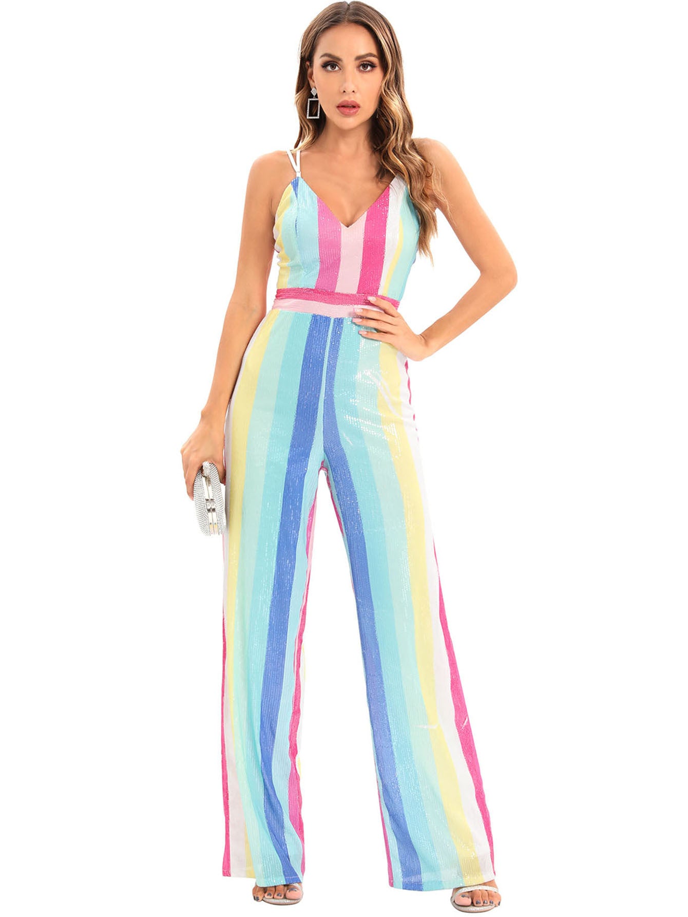 Trousers Sexy Retro Suspender Stripes Sequined Jumpsuit Women Clothing Multi