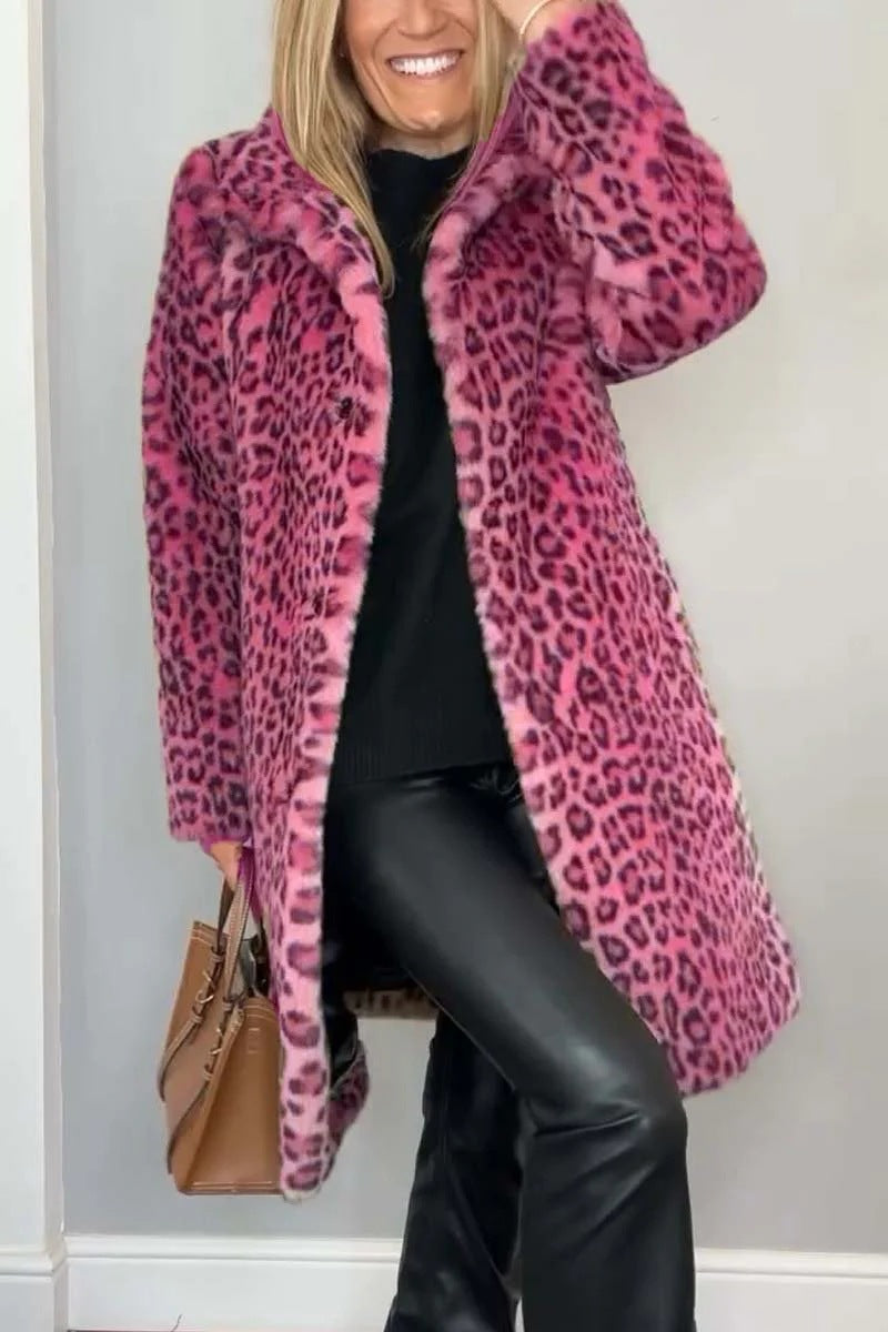 Fall Winter Leopard Print Plush Mid Length Coat Pink