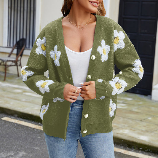 Women Clothing Three Dimensional Floral V neck Knitted Cardigan Autumn Winter Casual Lazy Sweater Coat Green Sweater Coat