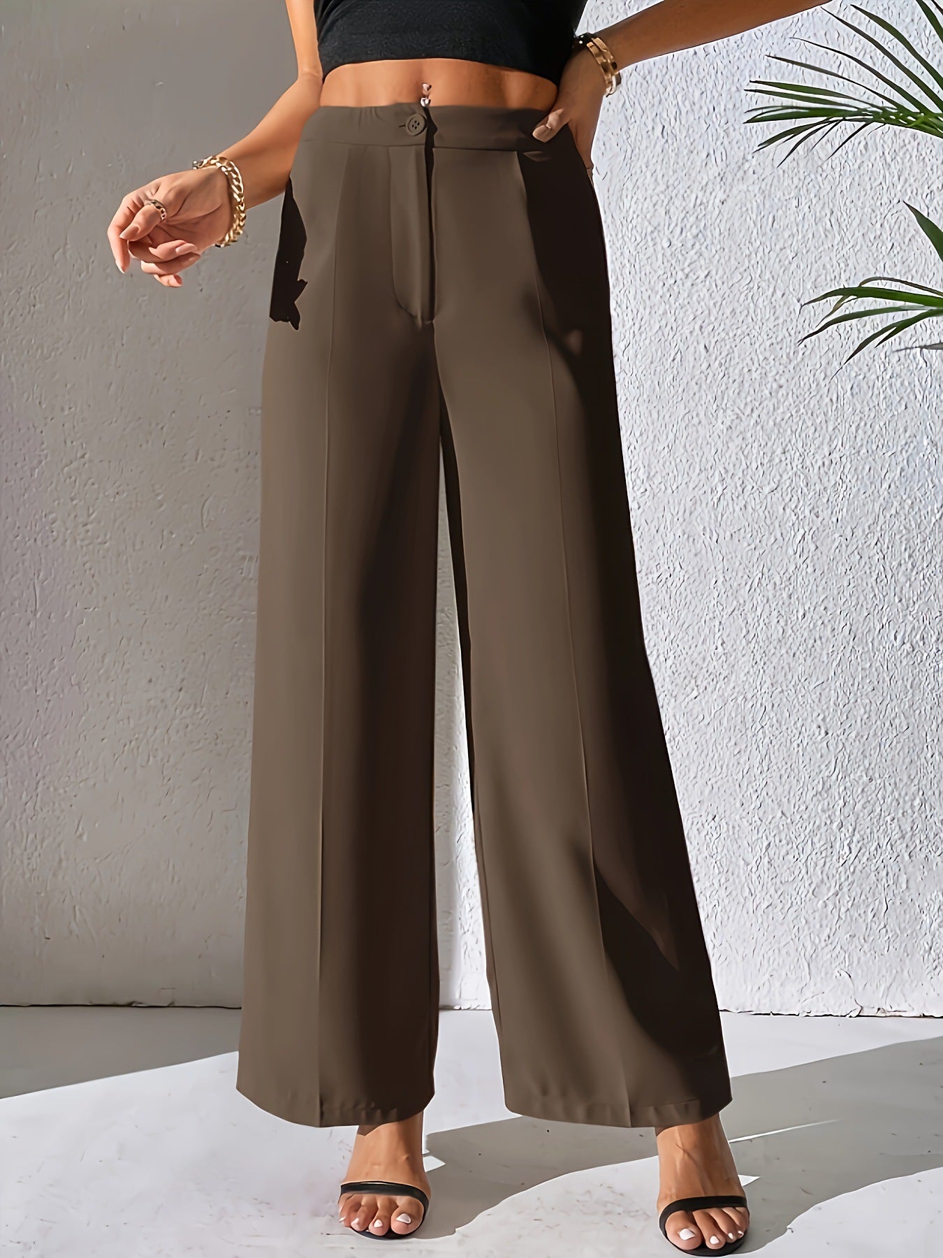 Solid Color Wide Leg Pants Draping Effect Elegant Loose Straight Casual Pants Women Coffee