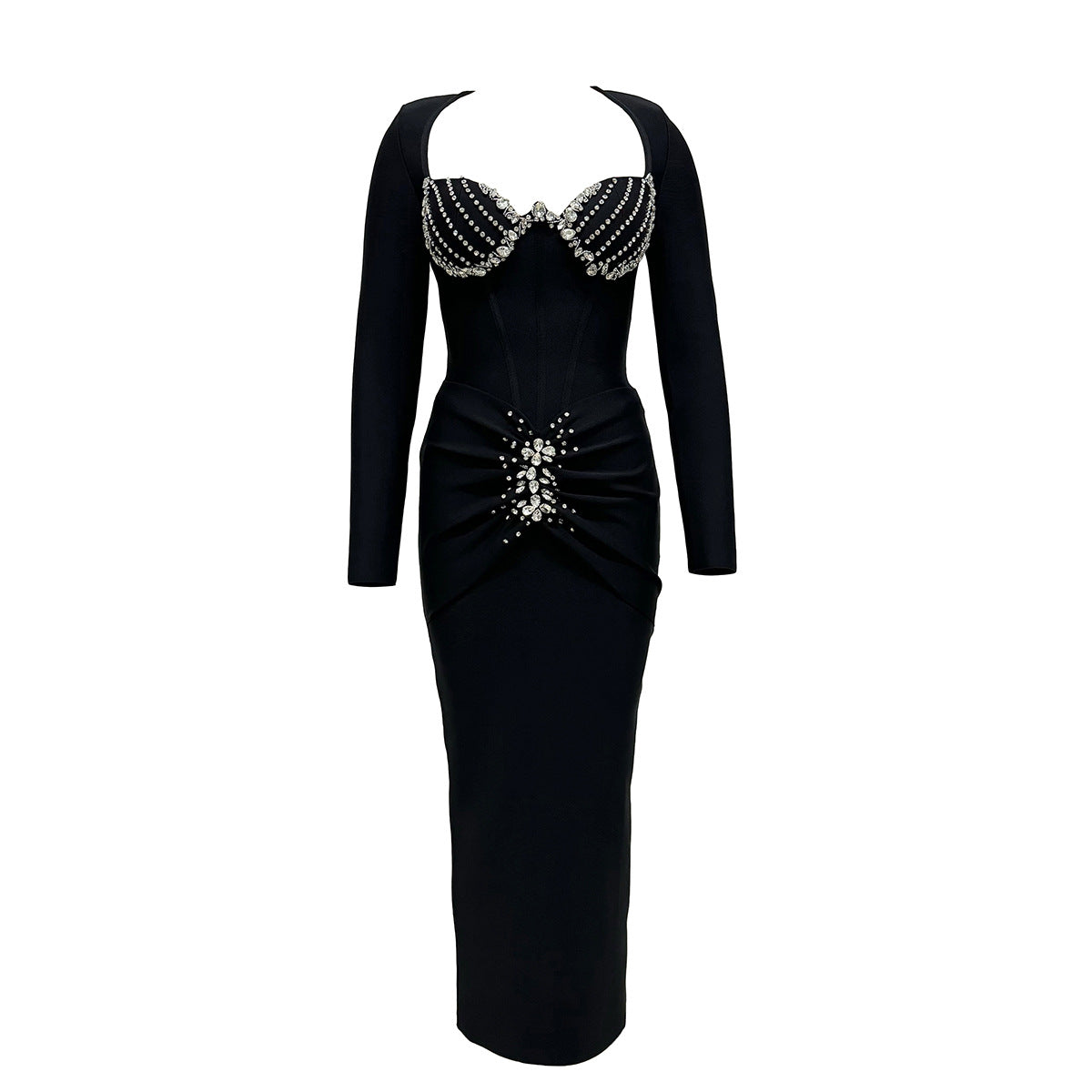 Affordable Luxury Socialite Drilling Bandage One Piece Dress Slim Fit Elegant Formal Dress Black