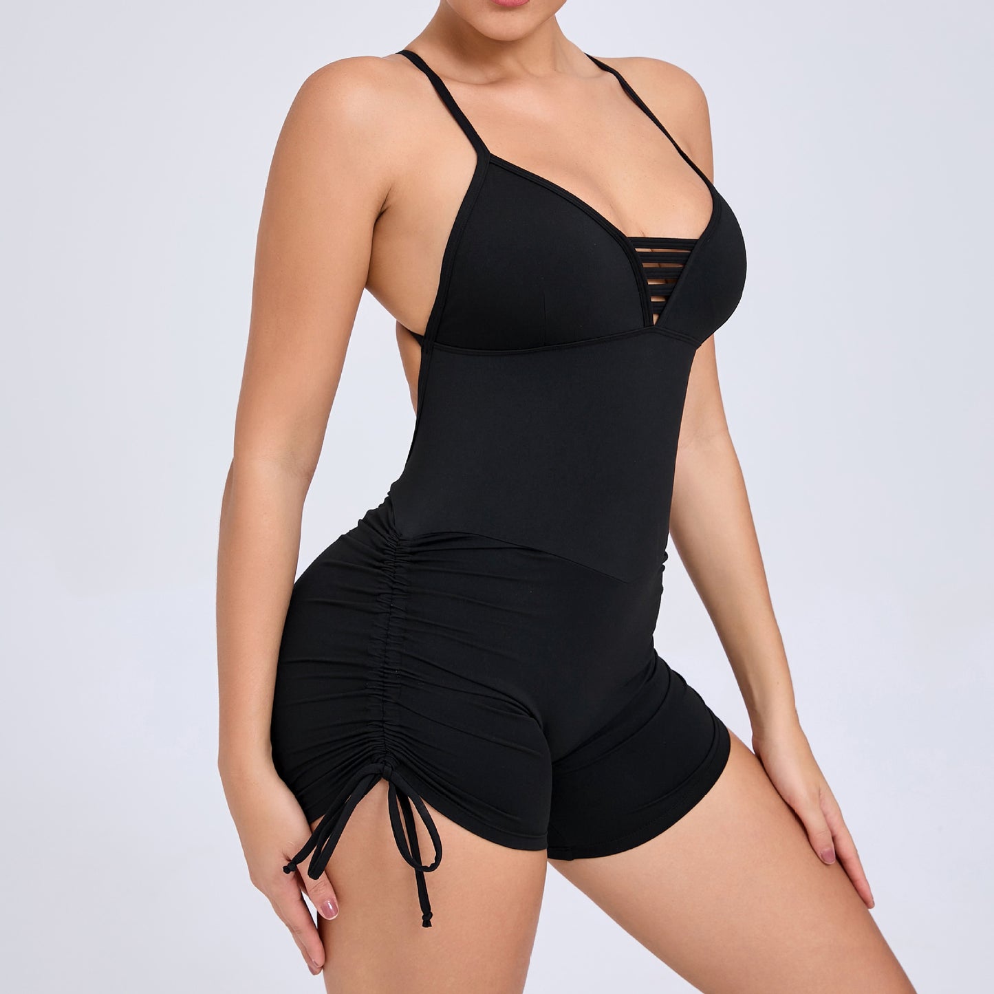 Summer Hollow Out Cutout Out Beauty Back Side Drawstring Yoga Jumpsuit Women Dance Fitness Tight Sports Jumpsuit Black