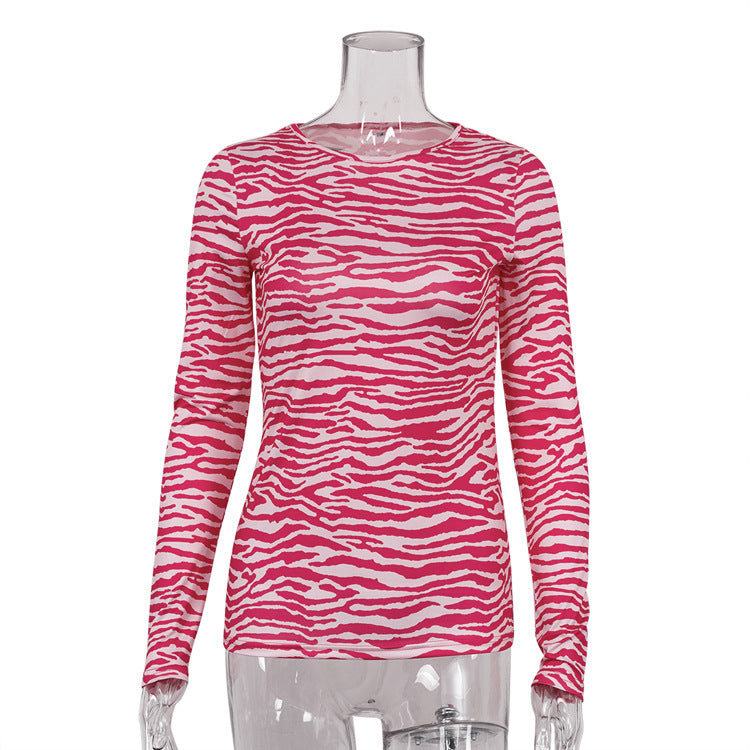 Women Clothing round Neck Long Sleeve T shirt Top Women Zebra Pattern Slim Fit Slimming Sense of Design Striped Bottoming Shirt Pink