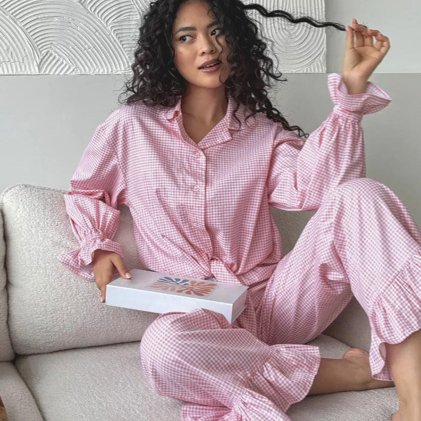 Fall Pink Plaid Retro Pajamas Ruffled Long Sleeved Cardigan Trousers Two Piece Home Wear Women