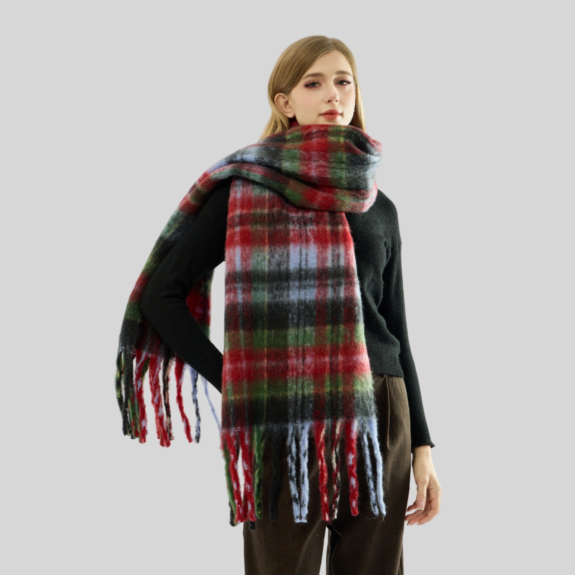 Autumn Winter Thickened Warm Contrast Color Scarf Women All Match Soft Tassel Shawl Atmosphere Scarf