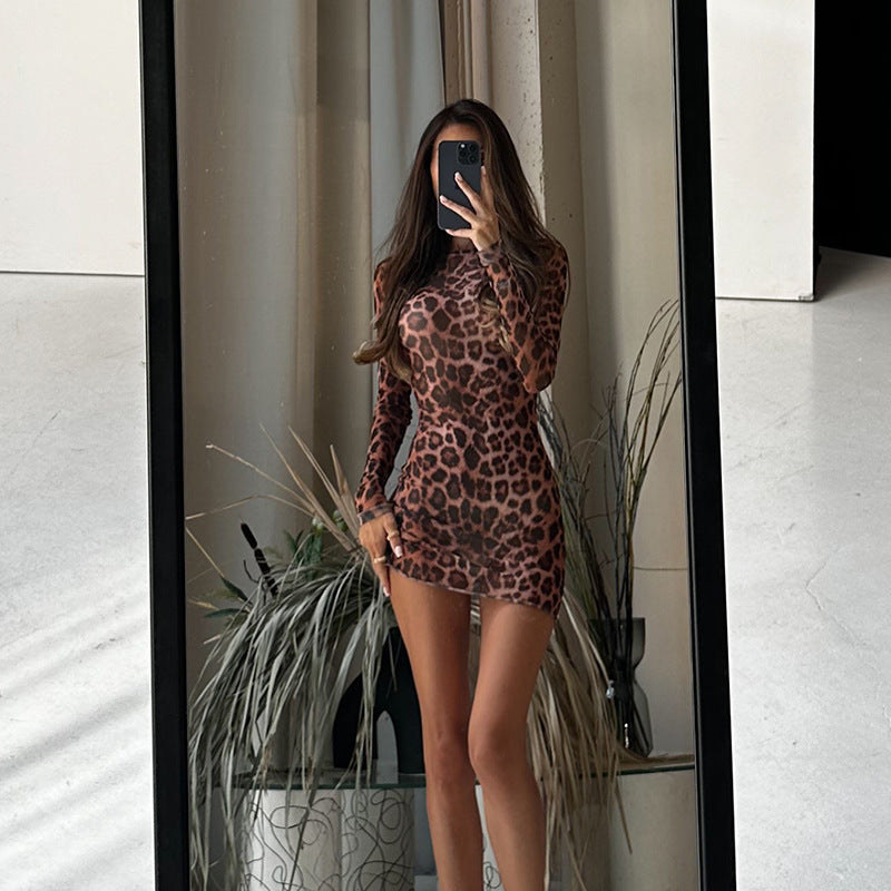 Women Sexy Long Sleeved Leopard Print Nightclub Sexy Slim Fit Figure Flattering Hip for Women