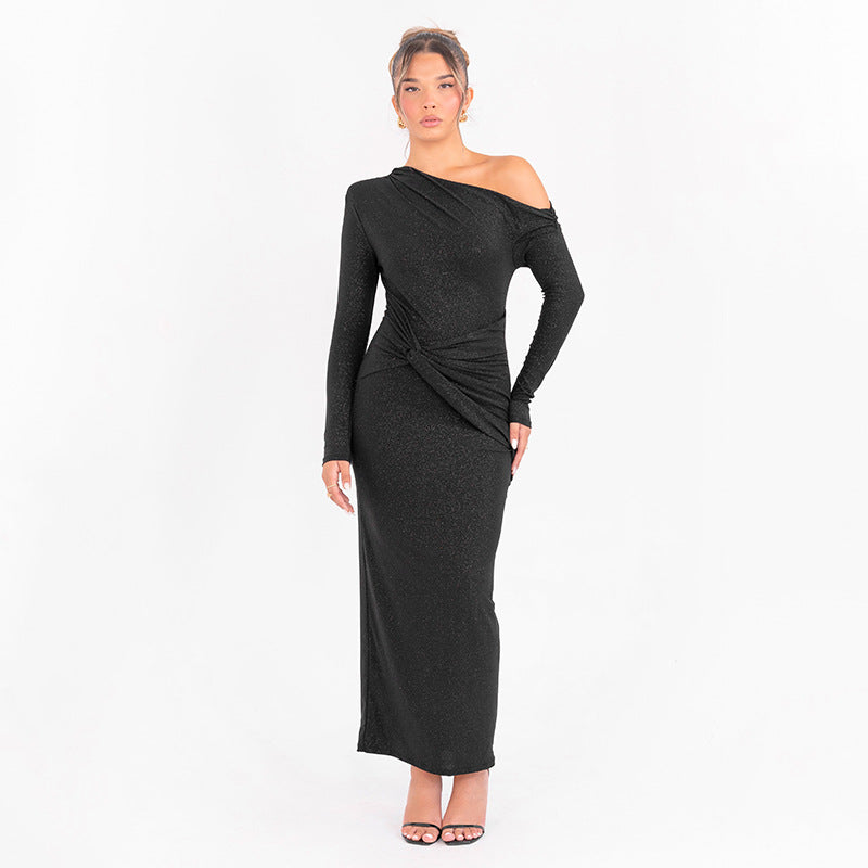 Women Flashing Knitted Sequined Sloping Exposed Shoulder Twist Knot Dress Midi Dress Black