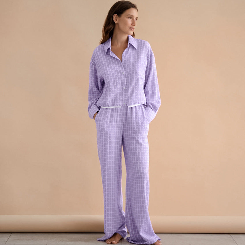 Autumn Cotton Silk Plaid Long Sleeved Trousers Pajamas Women Loose Casual Comfortable Home Wear Purple