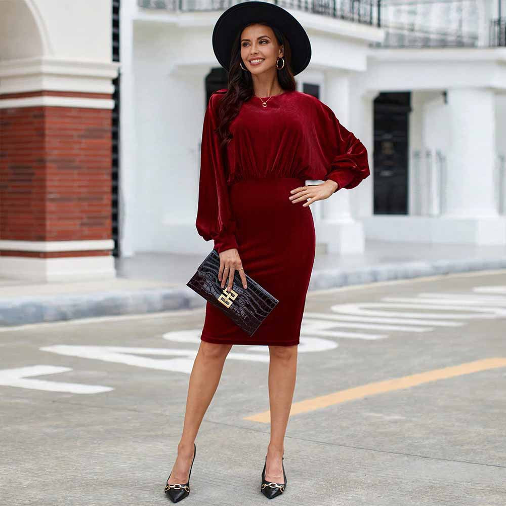 Women Clothing Elegant Red Dress Autumn Winter Dress Design Long Sleeve Midi Dress