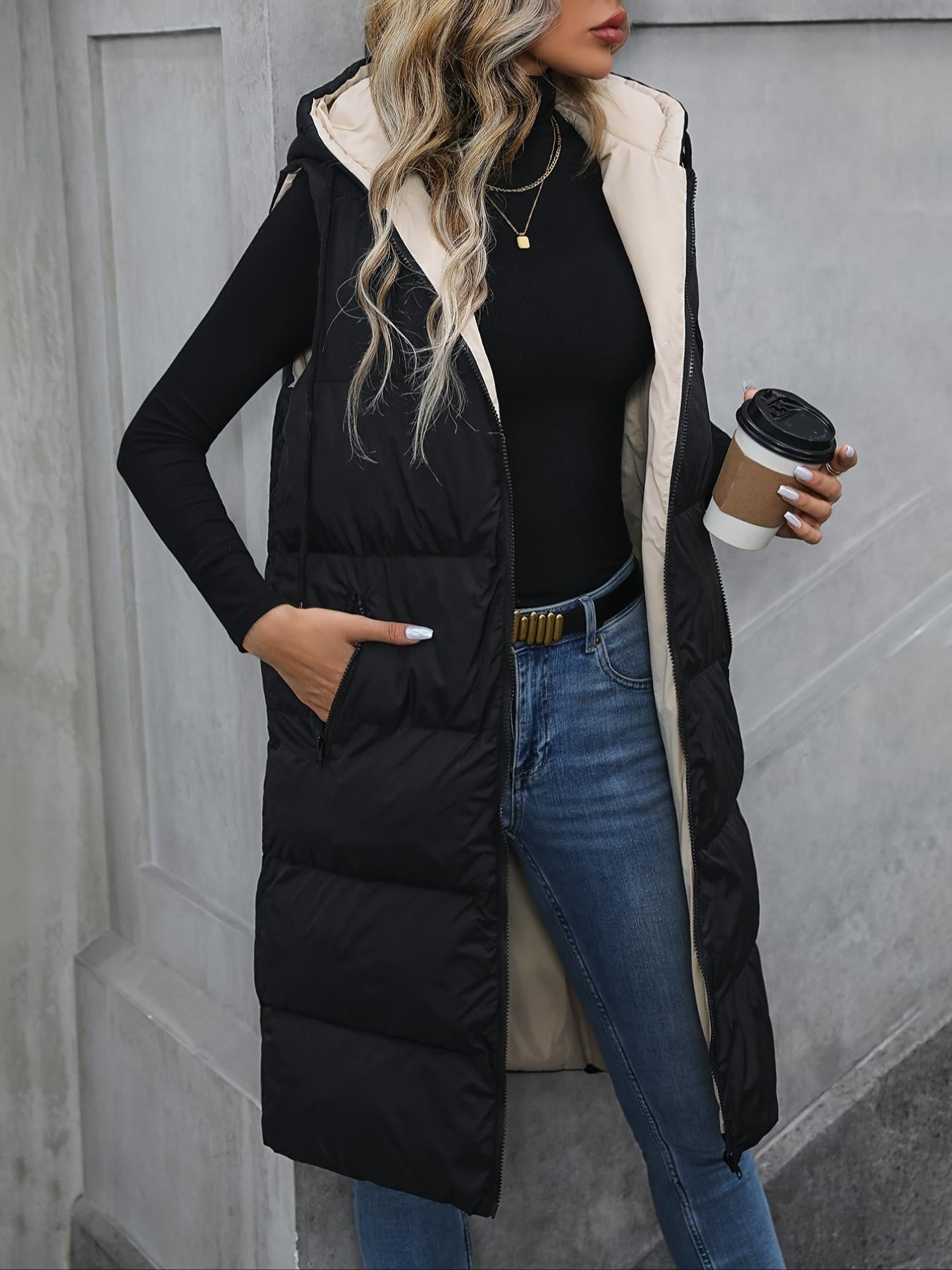 Clothing Solid Color Hooded Long Cotton Jacket Vest Zipper Sleeveless Cotton Coat Apricot Lining