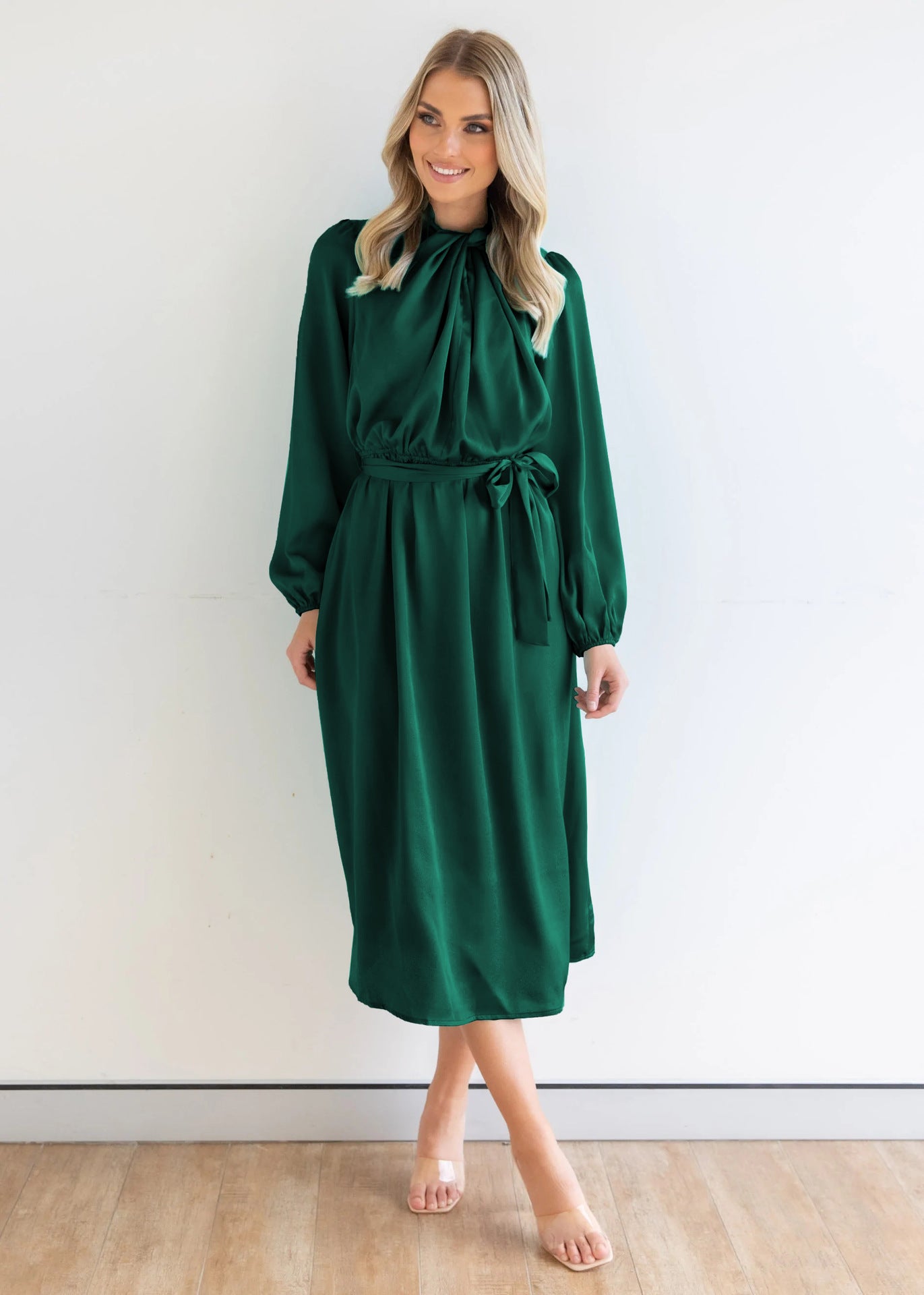 Trend Satin Elegant Elegant High End French Dress Autumn Long Sleeve Party Dress Green