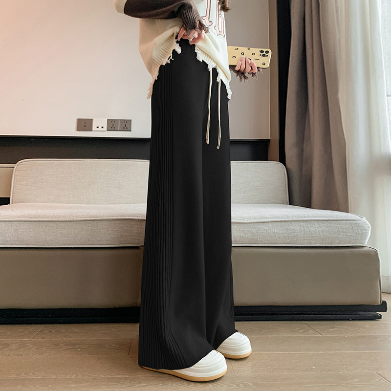 Knitted Wide Leg Pants Design Feeling Side Pleated Sunken Stripe Autumn Winter Thickening Loose Drooping Slimming Mopping Casual Pants for Women One Size Black