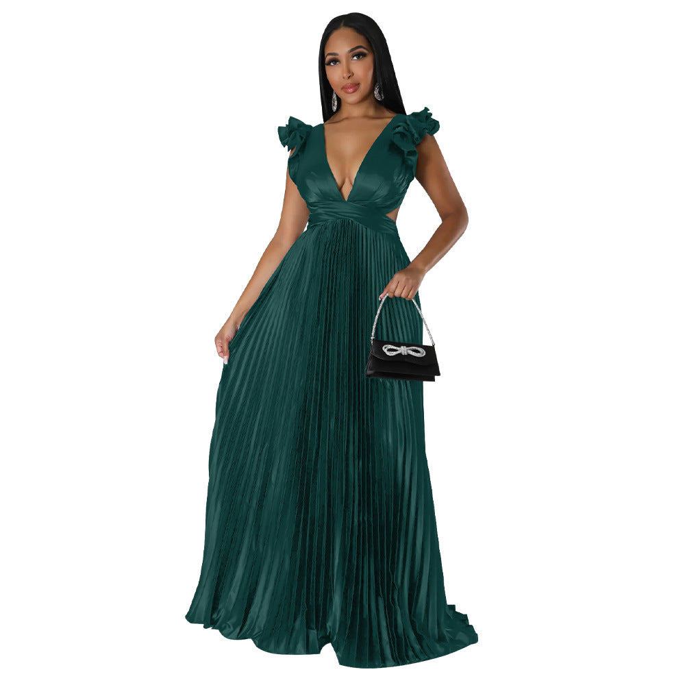 Women Clothing Artificial Silk Sexy Backless Deep V Plunge Pleated Dress Long Dress Green