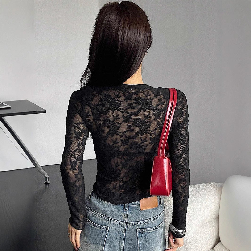 Women Small Stand Collar Transparent Lace Tight Long Sleeved T shirt Top Women