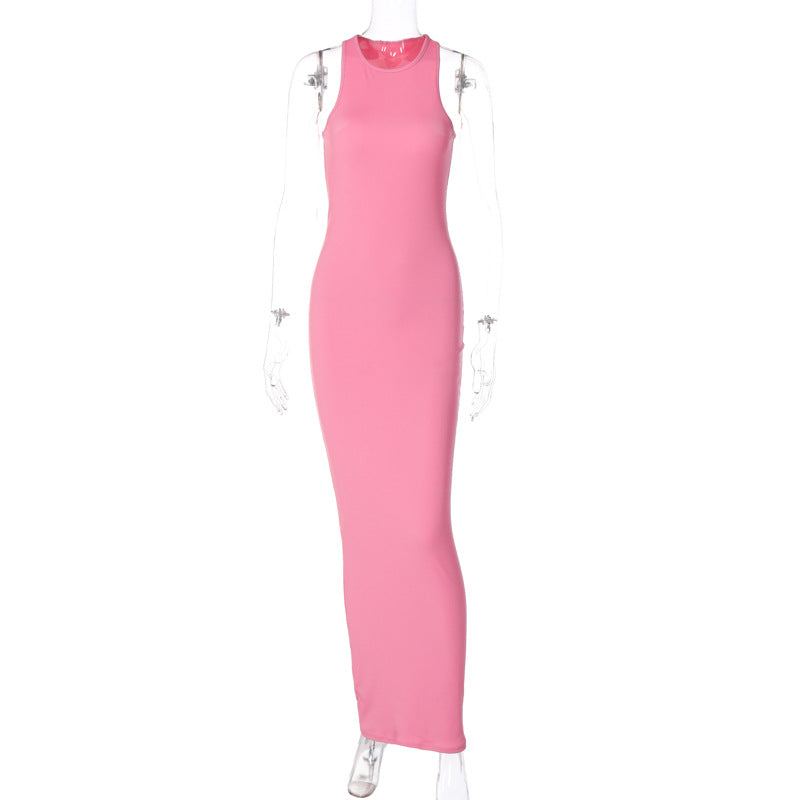 Women Clothing Spring Solid Color Sleeveless Round Neck Slim Dress S Pink