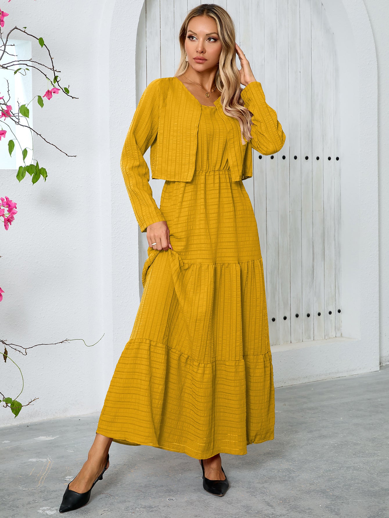 Round Neck Long Sleeve Top Loose Dress Suit Women Autumn Middle East Two Piece Set Yellow