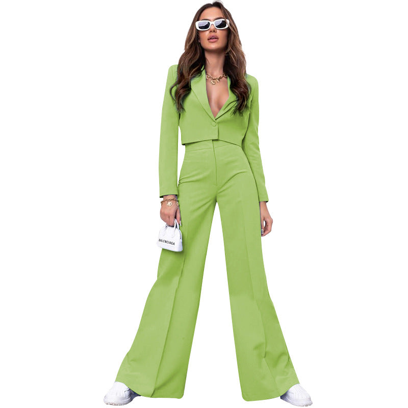 Autumn Winter Solid Color Short Long Sleeve Small Suit High Waist Wide Leg Pants Suit fluorescent green