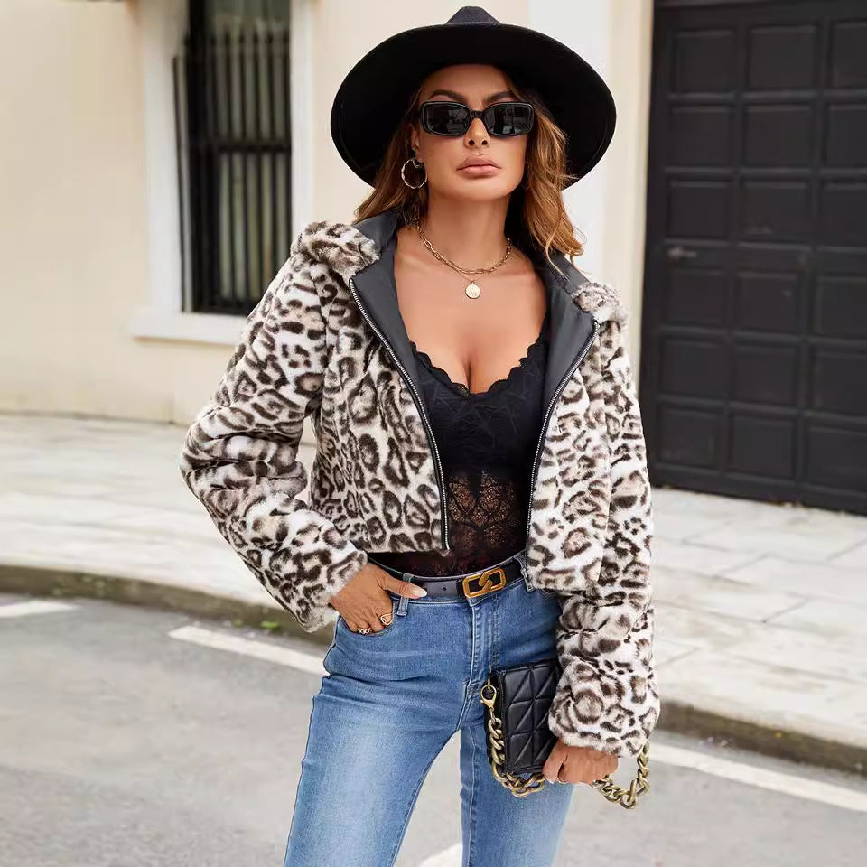 Casual Hooded Faux Fur Leopard Coat Plush Short Coat Fall/Winter Jacket White Leopard