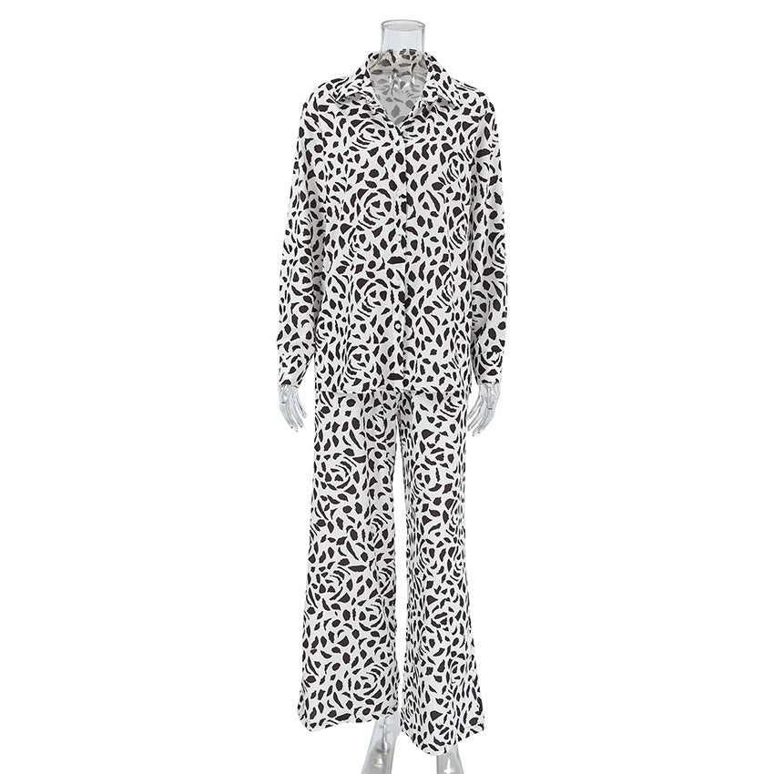 Leopard Print Pajamas Autumn Ice Silk Long Sleeve Cardigan Trousers Two Piece Set Loose Ladies Homewear Multi