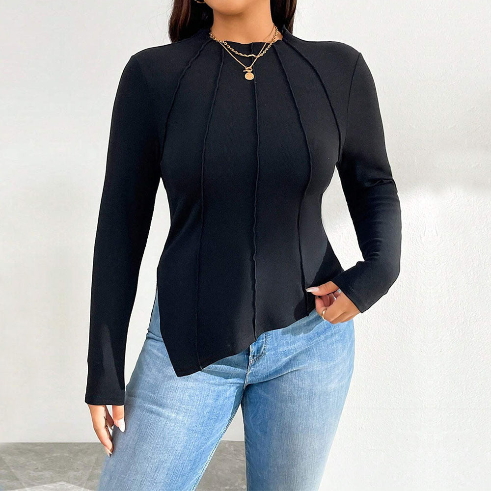 Plus Size Women Autumn Winter Simple Trendy Design T shirt Slim Long Sleeve Top Black