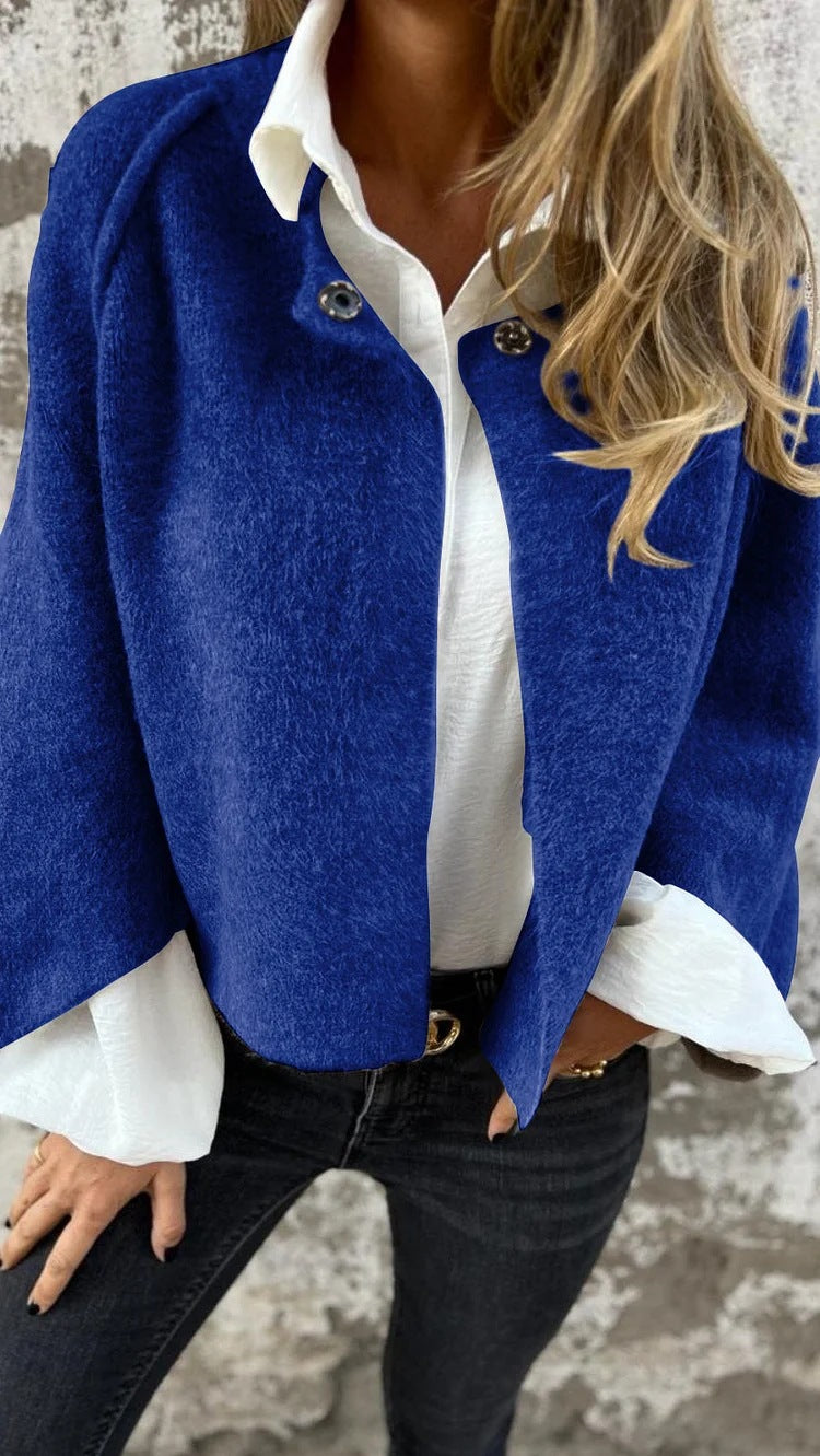 Autumn Winter Loose Short Cashmere Long Sleeve Coat Blue