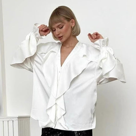 Black V neck Ruffled Puff Sleeve Satin Women Shirt Autumn Winter Top