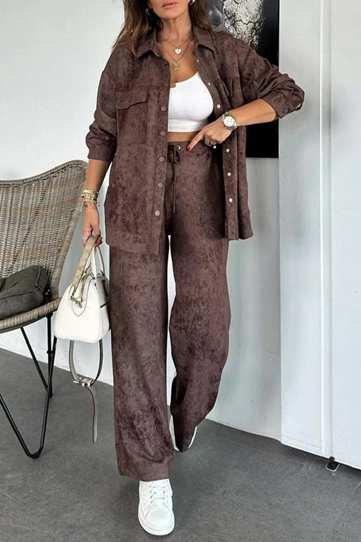 Casual Tie Dye Collared Pocket Shirt Drawstring Wide Leg Pants Set Brown