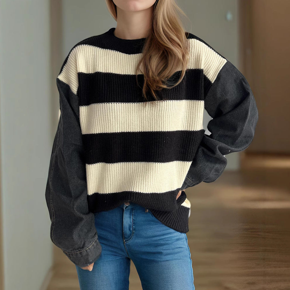 Denim Sleeve Splicing Knitwear Top Autumn Winter Office Striped Contrast Color Sweater Women