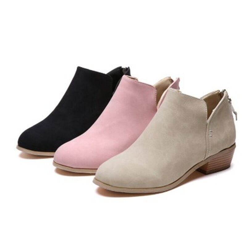 Plus Size Thick Heel Thin Ankle Boots Women Solid Color Pointed Toe Back Zipper Low Heel Shoes