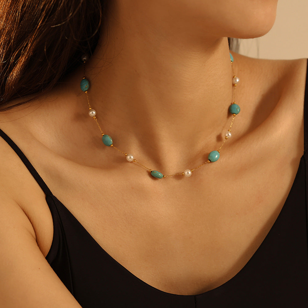 Niche Natural Turquoise Imitation Pearl Necklace Bracelet Stainless Steel Light Luxury Elegant Outfit