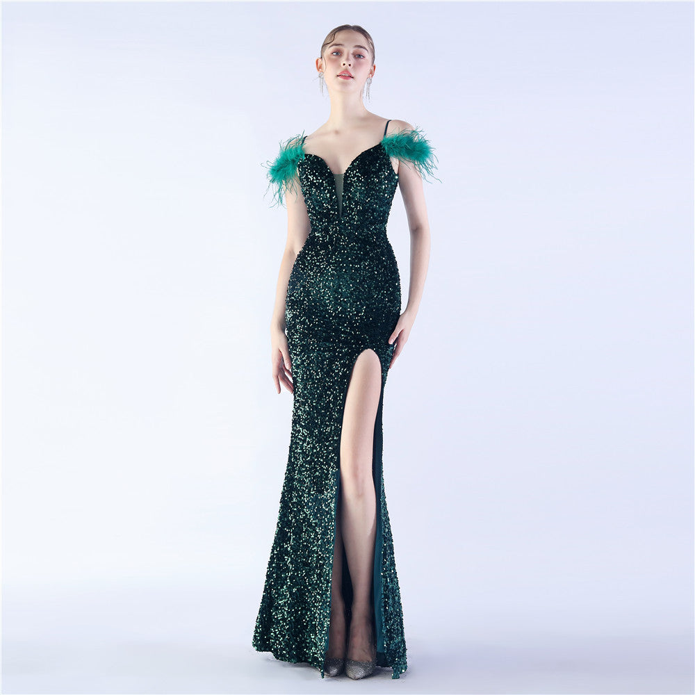 Craft Order Ostrich Feather High Density Sequined Long Evening Dress Green