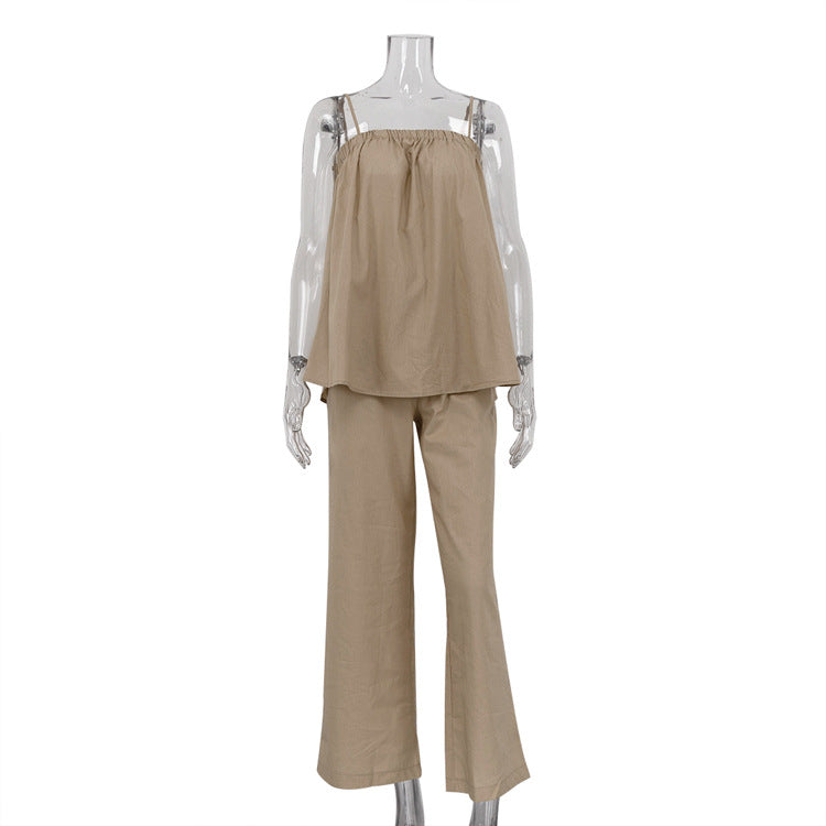 Women Clothing Sexy Puffy Camisole Wide Leg Pants Sexy Suit Summer Two Piece Suit Khaki