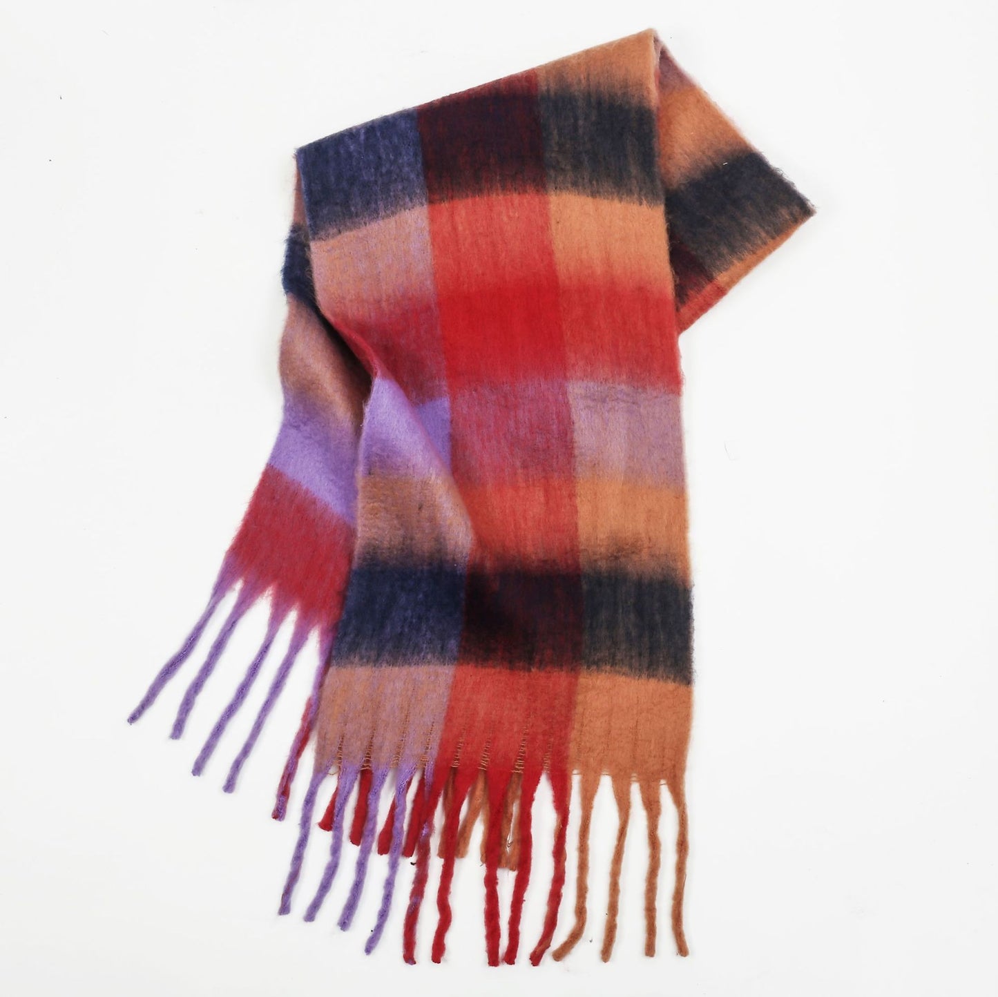 Women Color Matching Mohair Scarf Autumn Winter Warm Thickening Lattice Tassel One Size Orange Purple Plaid