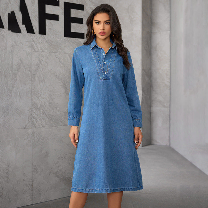 Chinese Stand Collar Women Clothing Elegant Graceful Retro Long Sleeve Denim Midi Dress Dress Women