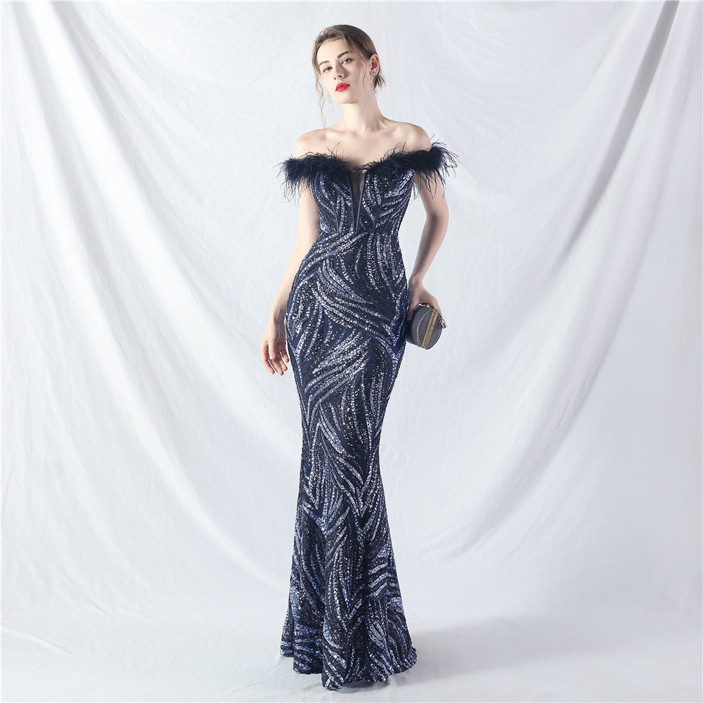 Court Boning Corset Waist Tight Vest Craft Order Ostrich Feather High End Sequined Evening Dress purplish blue