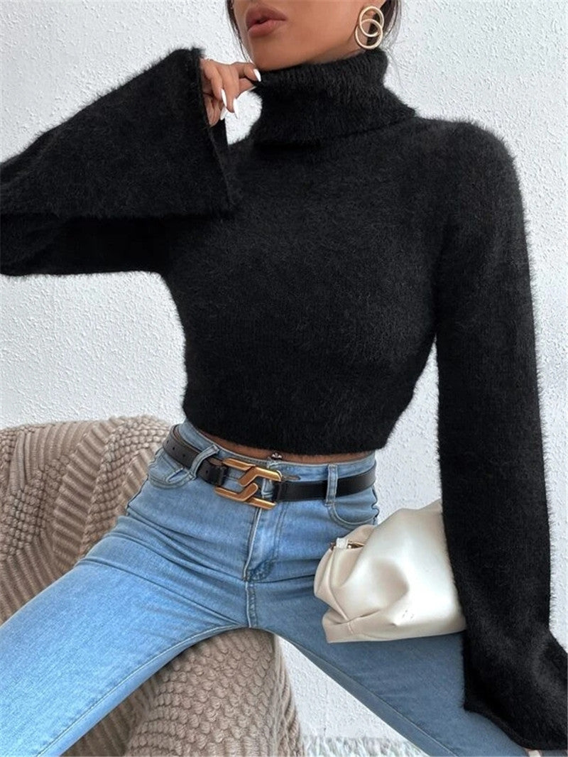 Autumn Winter High Neck Short Exposed Cropped Plush Sweater Black