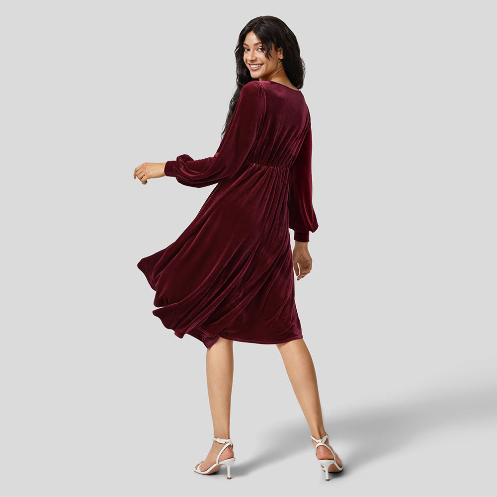 Autumn Winter Women Clothing Sexy V Neck Waist Controlled Long Sleeves Velvet Cocktail Dress Dress