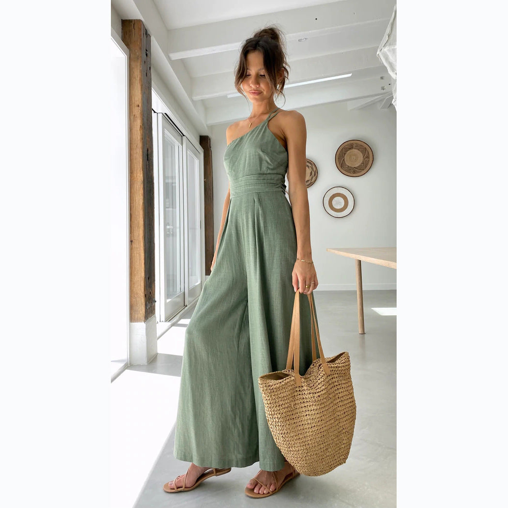 Spring Summer Solid Color Loose Wide-Leg Cotton Linen Jumpsuit