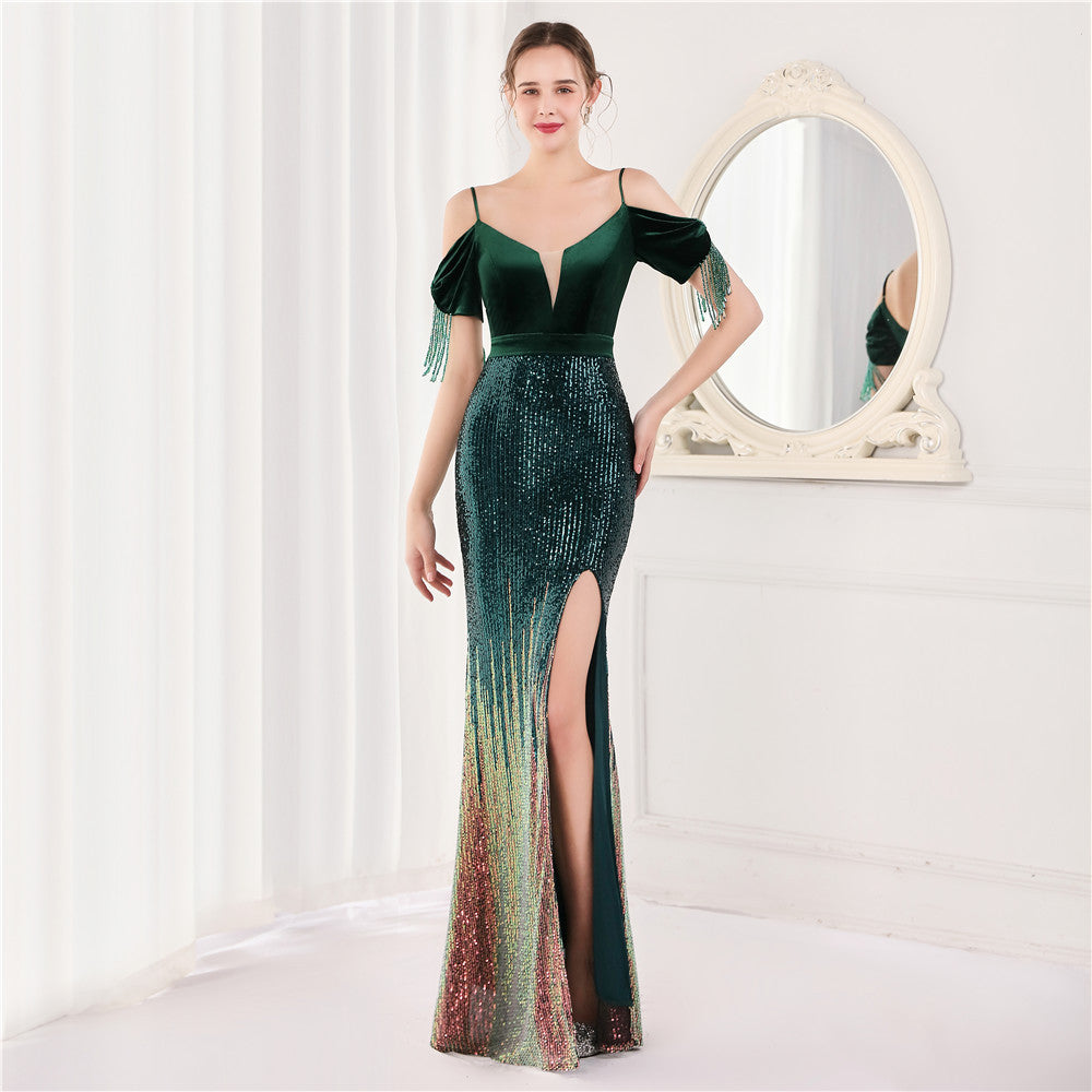 Velvet Spaghetti Straps Cocktail Evening Dress Dress Elegant Company Annual Meeting Women Sexy Long Short Sleeve blackish green