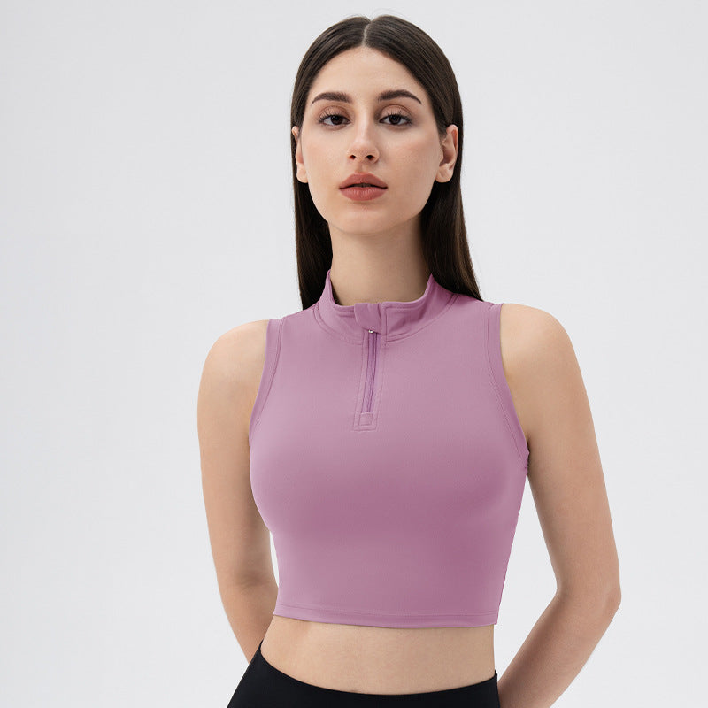 Sleeveless Stand Collar Slimming Yoga Clothes Vest Front Zipper Skinny Exercise Top with Chest Pad Running Workout Vest Women Grape