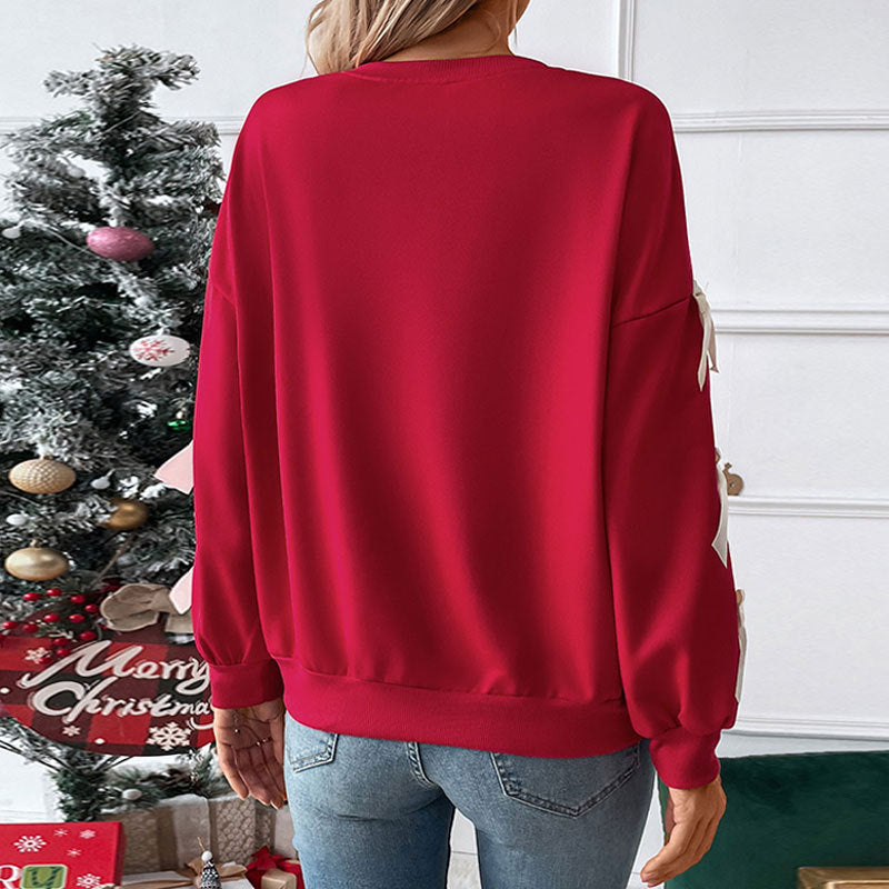 Autumn Winter Top Round Neck Bowknot Red Christmas Sweater for Women